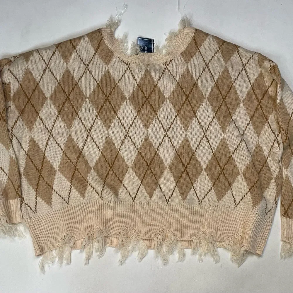 Just Polly New York Sweater Crop Distressed Fringe Women XL Cream Beige NWT